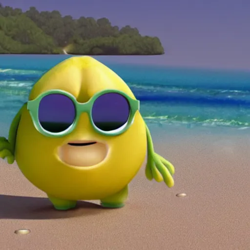 Prompt: cute pixar lemon on a beach wearing green sunglasses, happy, fun