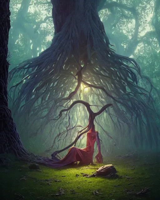 Image similar to highly detailed surreal vfx portrait of a cursed object in a shadowy forest by a willow tree, stephen bliss, unreal engine, greg rutkowski, loish, rhads, beeple, makoto shinkai and lois van baarle, ilya kuvshinov, rossdraws, tom bagshaw, alphonse mucha, global illumination, detailed and intricate environment