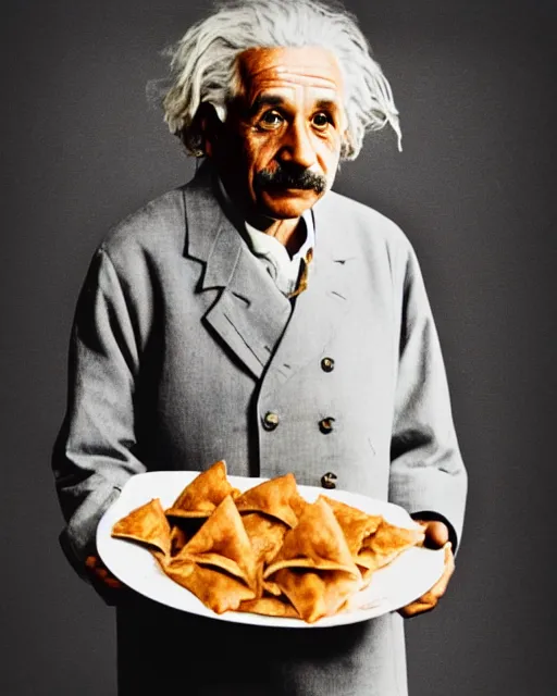 Image similar to A photo of Albert Einstein with a plate full of Samosas, highly detailed, trending on artstation, bokeh, 90mm, f/1.4