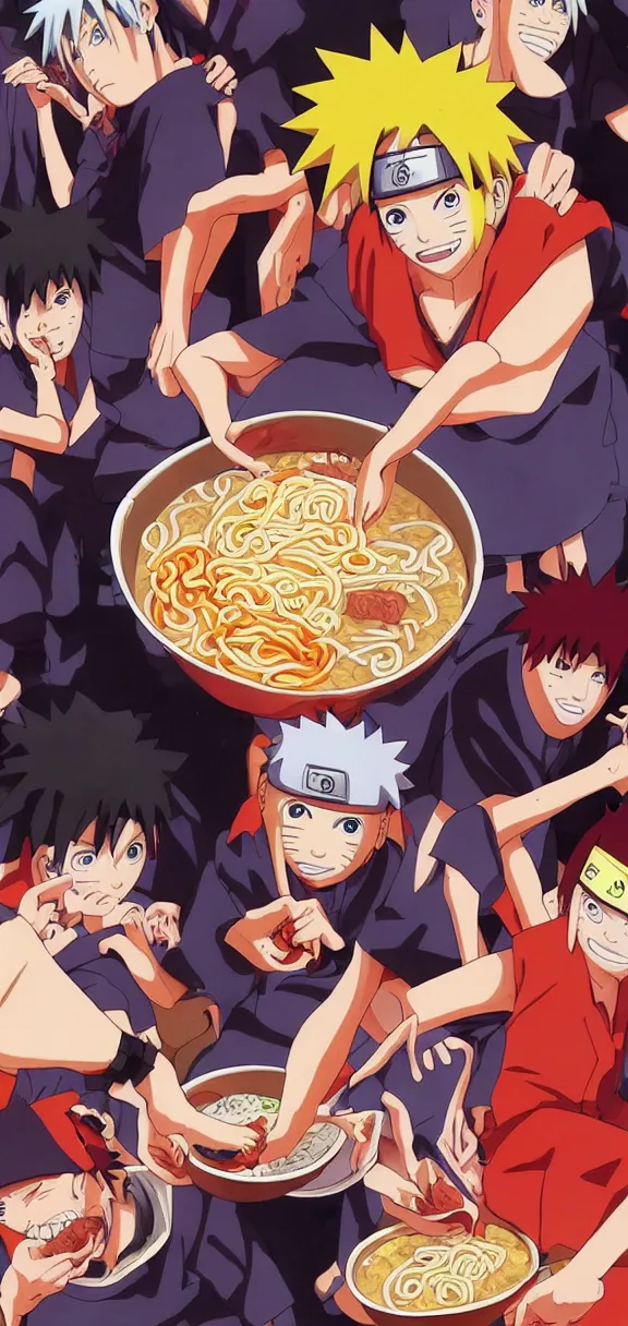 Prompt: naruto eating ramen on a basketball court, anime art