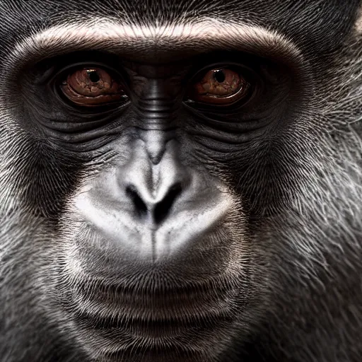 Image similar to high quality portrait of a monkey wearing black suit, studio photograph, photograph, realistic photo, 8k photo, 4k photo, stock photo, high resolution, cinematic shot, high detail