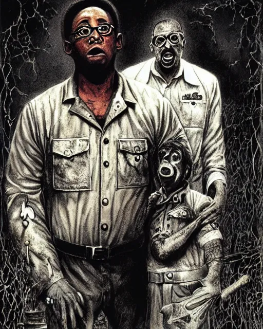 Prompt: steve urkel terrorized by the ghost of carl winslow in a haunted graveyard, creepy, spooky, horror, scary, ink, illustration, stephen gammell