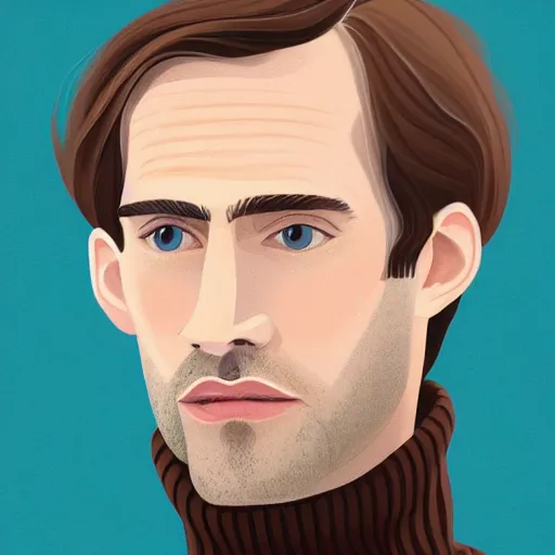 Image similar to gangly man with short light brown wavy hair, light brown stubble thin beard, no mustache, English heritage, blue eyes, middle aged, wearing a turtleneck and jacket, pale skin, narrow face, digital art, painterly, cartoon, cute, 8k, illustration, art by loish, painterly, trending on artstation, medium shot, uncropped