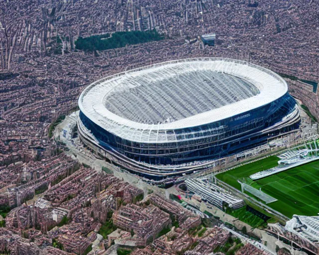 Image similar to 4 k hd, high resolution photograph of santiago bernabeu stadium from above, full colour, shot with sigma f / 4. 2, 2 5 0 mm sharp lens, wide shot, high level texture render