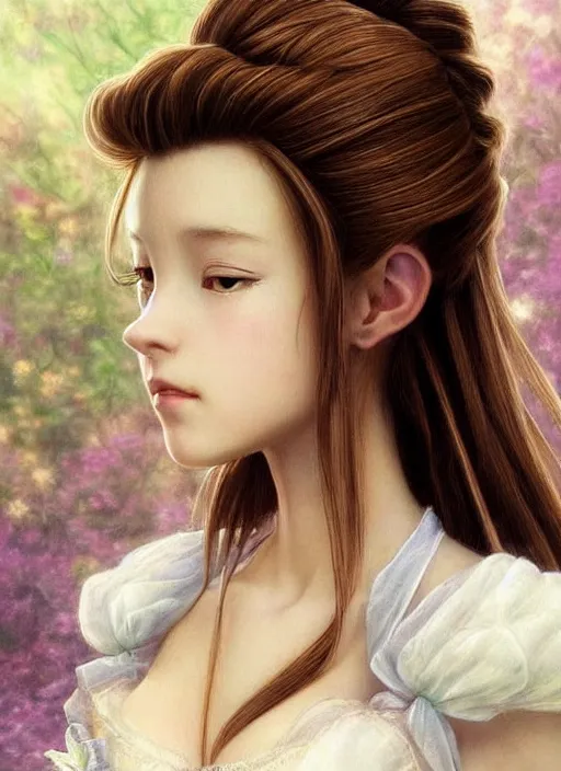 Prompt: elegant Aerith Gainsborough stares intently at the viewer in an intense way. ultra detailed painting at 16K resolution and epic visuals. epically surreally beautiful image. amazing effect, image looks crazily crisp as far as it's visual fidelity goes, absolutely outstanding. vivid clarity. ultra. iridescent. mind-breaking. mega-beautiful pencil shadowing. beautiful face. Ultra High Definition. processed twice.