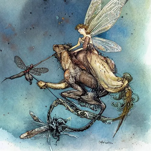 Image similar to a fairy riding a dragonfly, muted color, watercolor ink illustration, painterly, splatters, detailed, by jean - baptiste monge, by alan lee