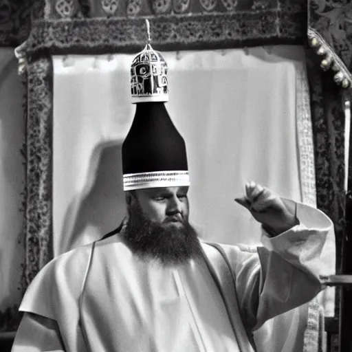 Prompt: orthodox patriarkh is wearing tall burger hat, real TV footage,