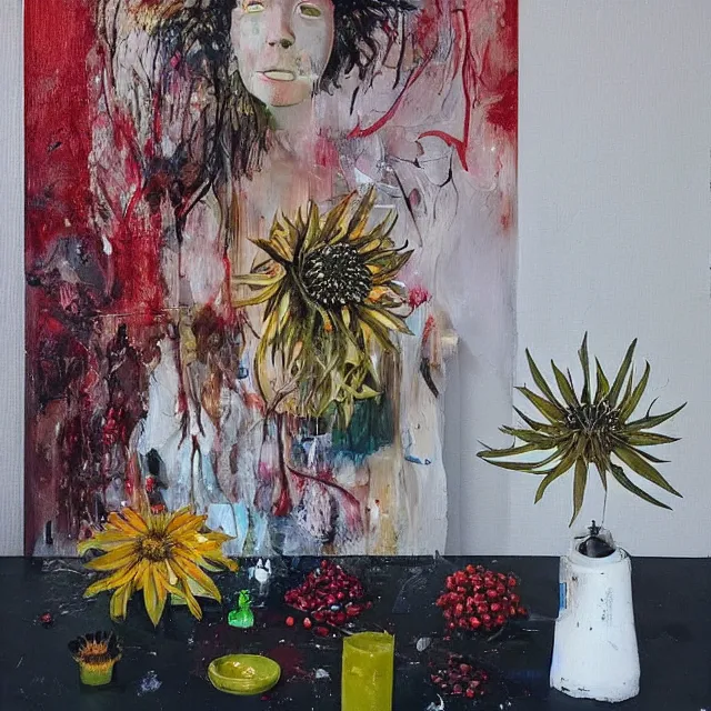 Image similar to “ a portrait in a female art student ’ s apartment, sensual, australian wildflowers, flax, flannel flower, bottlebrush, half - finished sculpture, sculpture work in progress, a candle dripping white wax, clay, squashed berries, berry juice drips, acrylic and spray paint and oilstick on canvas, surrealism, neoexpressionism ”