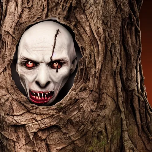 Image similar to an angry pale corpse trapped within a tree trunk, horror, photography, hyper realistic, daytime, gloomy forest, nightmarish