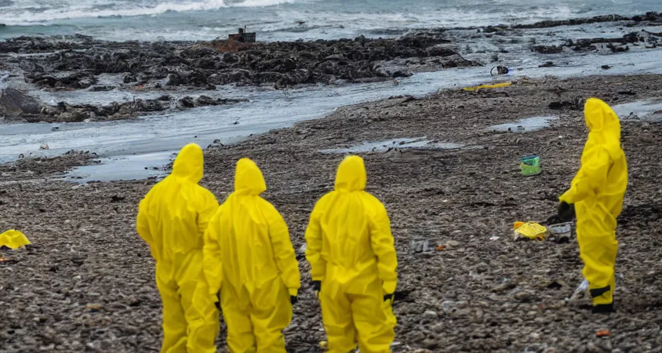 Prompt: Professional Photography, long shot, People in yellow chemical hazmat suits are investigating a huge creepy creature washed up on the beach.