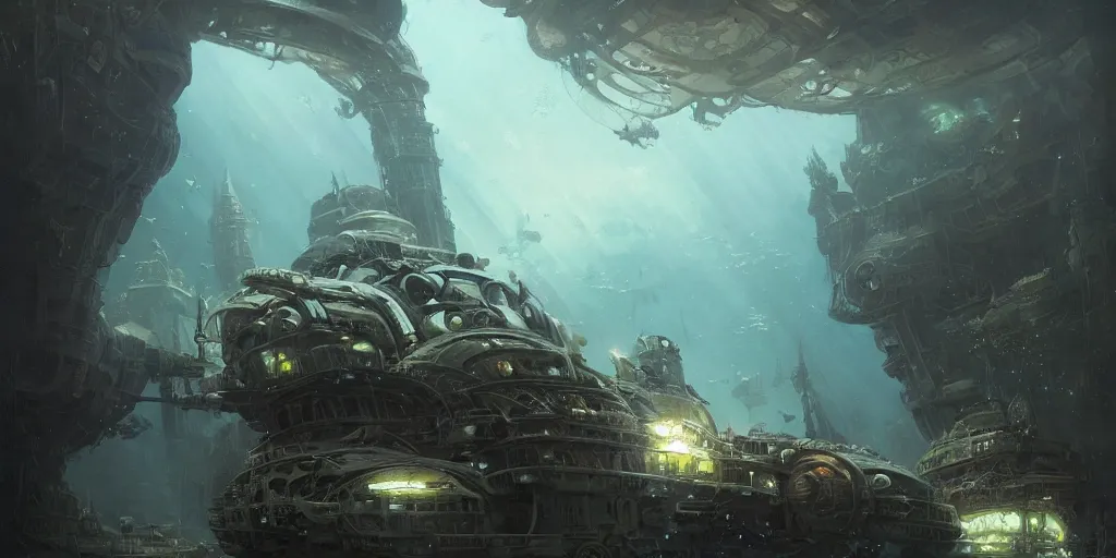 Image similar to a dieselpunk spaceship lies at the bottom of the sea in a coral reef, underwater, matte painting, dramatic lighting, submecanophobia, fantasy, intricate, elegant, digital painting, concept art, sharp focus, illustration by greg rutkowski, darek zabrocki and john berkey, 4 k.