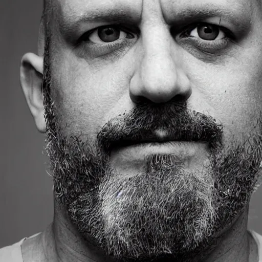 Image similar to a real photograph of Ethan Van Sciver with a pointed nose, bald head and grey beard