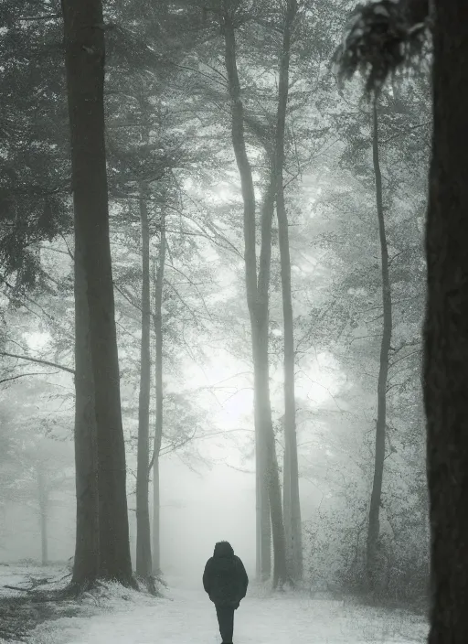 Image similar to a 3 5 mm photo from the back of a senior citizen walking in the misty snowy woods, splash art, movie still, bokeh, canon 5 0 mm, cinematic lighting, dramatic, film, photography, cold blue light, depth of field, award - winning, anamorphic lens flare, 8 k, hyper detailed, 3 5 mm film grain