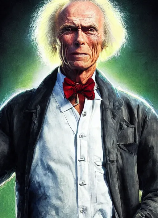 Prompt: formal portrait of shocked expression clint eastwood as doc brown wearing white lab coat. digital art by eugene de blaas, ross tran, and nasreddine dinet, vibrant color scheme, intricately detailed, in the style of romanticism, cinematic, artstation, greg rutkowski