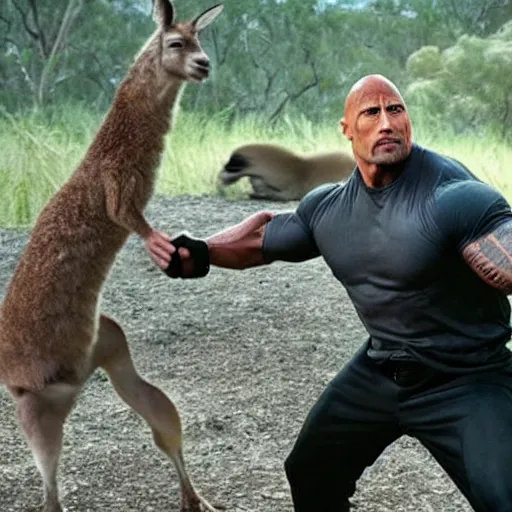 Image similar to dwayne johnson as a ninja fights multiple kangaroos