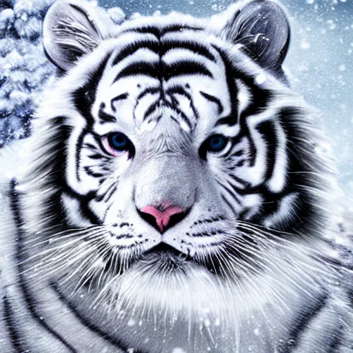 Image similar to beautiful fluffy magestic white tiger sitting in snowy winter landscape detailed painting 4 k