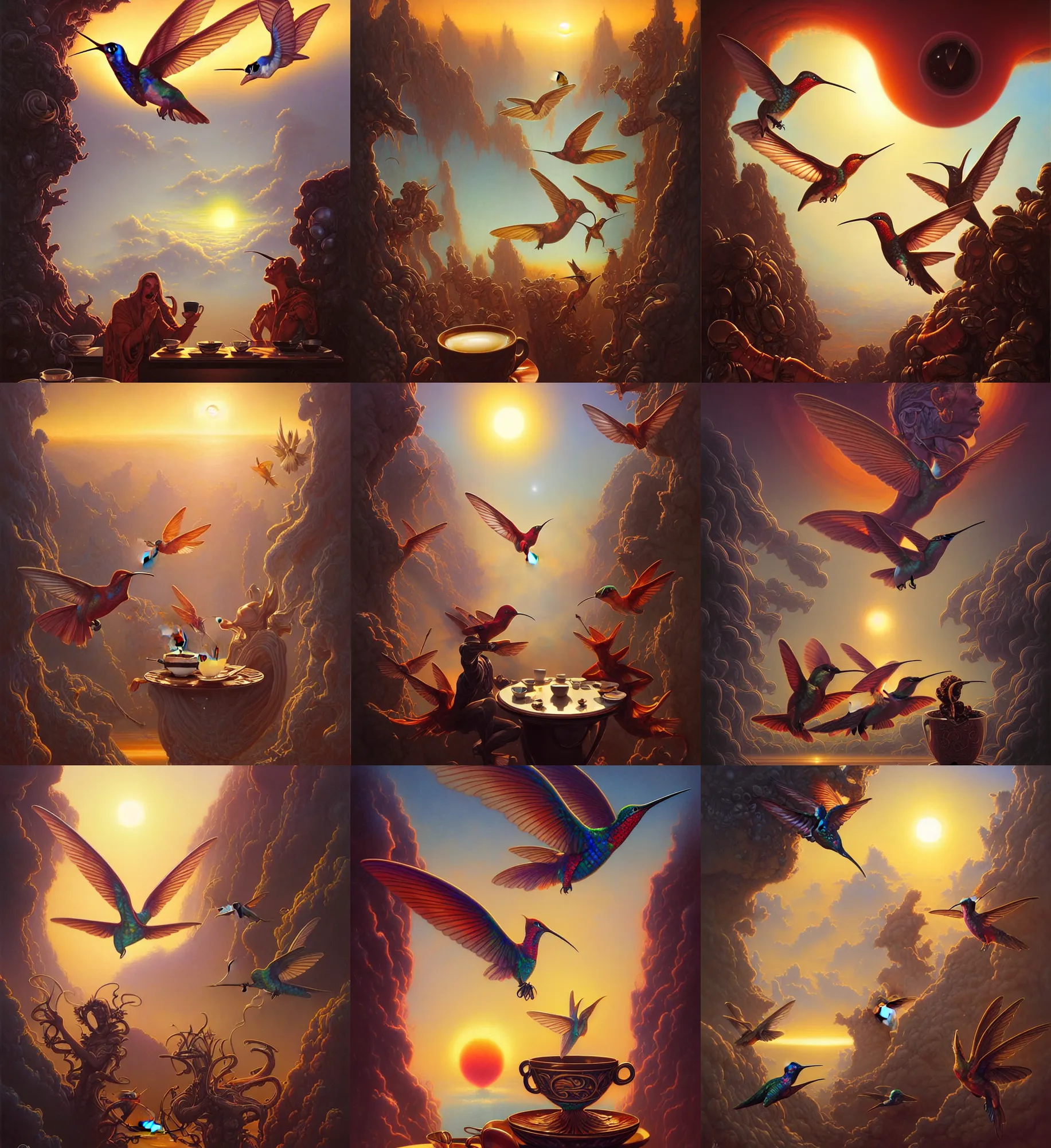 Prompt: portrait of morning coffee, epic sunrise, hummingbirds hovering around a fresh cup of coffee by peter mohrbacher, allen williams, wayne barlowe, boris vallejo, aaron horkey, gaston bussiere,