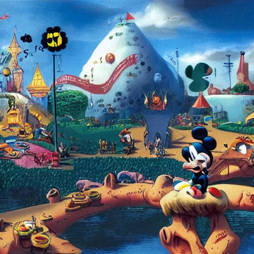 Image similar to Mickey Mouse goes on a rampage at Disney World, surrealist landscape concept art