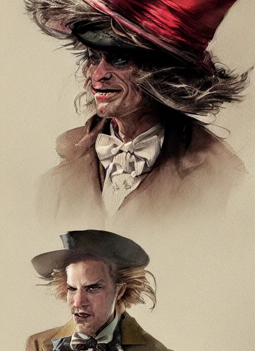 Image similar to portrait, The Mad Hatter, watercolor, dramatic lighting, cinematic, establishing shot, extremly high detail, foto realistic, cinematic lighting, post processed, concept art, artstation, matte painting, style by eddie mendoza, raphael lacoste, alex ross