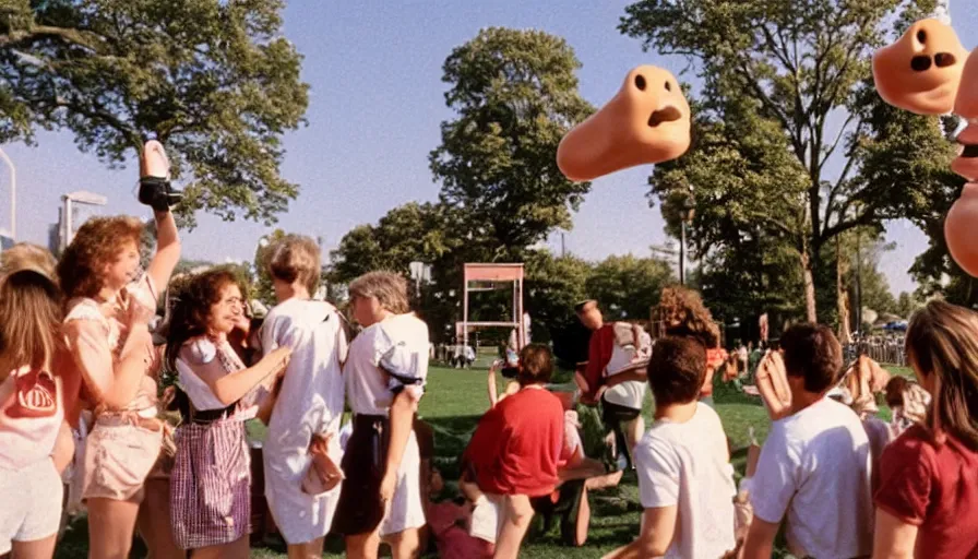 Image similar to 1990s candid photo of a beautiful day at the park, cinematic lighting, cinematic look, golden hour, costumed packaged food mascot people in the background, Enormous personified packaged food people with happy faces and hands talking to families, UHD