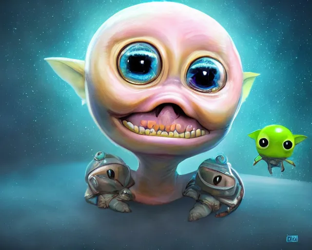 Image similar to 3D Fantasy Cute and adorable small alien piggy in space, huge adorable eyes, bright stars, Smooth 3D Illustration, soft render, Servando Lupini, Daniil Kudriavtsev, handpaint texture, Blender, 3DCoat