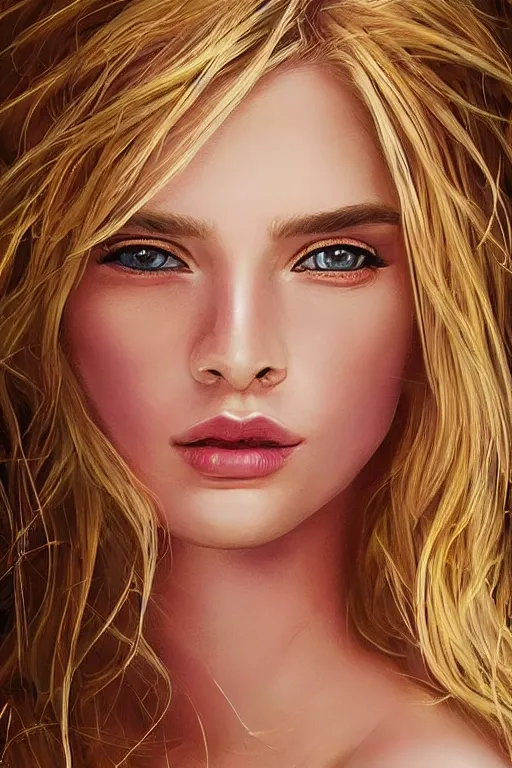 Image similar to beautiful blonde young woman's face, intricate, synth-wave, retrowave, highly-detailed, elegant, dramatic lighting, gorgeous face, lifelike, photorealistic face, long luxurious intricate gown, digital painting, artstation, illustration, concept art, smooth, sharp focus, art by Craig Russel, Barry Smith, artgerm, and Albert Aublet and Krenz Cushart and Artem Demura and Alphonse Mucha