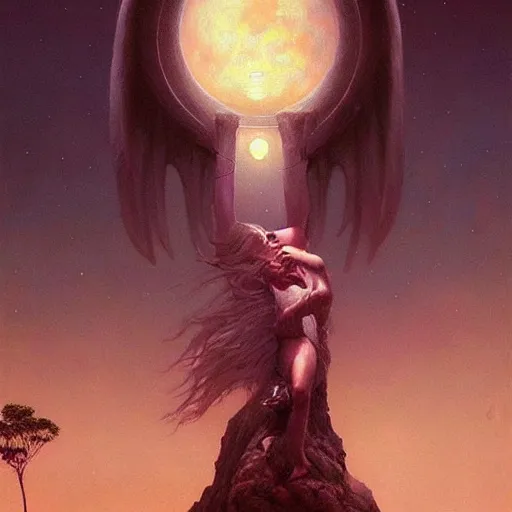 Image similar to a hyperrealistic acrylic on canvas portrait painting of the Moon Goddess by Greg Rutkowski, Artgerm and Beksinski. Epic fantasy art. Vivid cinematic lighting. Night scene.