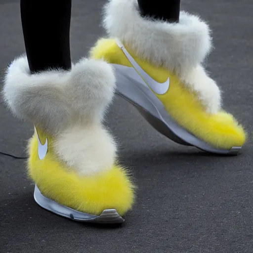 Prompt: nike shoe made of very fluffy yellow faux fur placed on reflective surface, professional advertising, overhead lighting, heavy detail, realistic by nate vanhook, mark miner