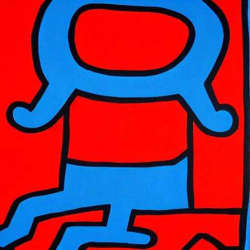 Image similar to acrylic abstract painting on canvas using primary red and blue, by keith haring