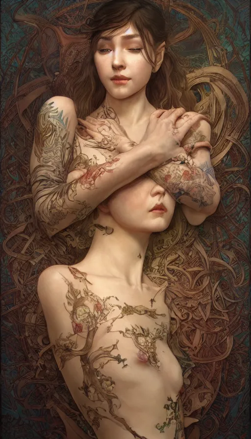 Image similar to pillow book, writing on skin, insane, intricate, highly detailed, digital painting, artstation, concept art, smooth, sharp focus, illustration, Unreal Engine 5, 8K, art by artgerm and greg rutkowski and alphonse mucha