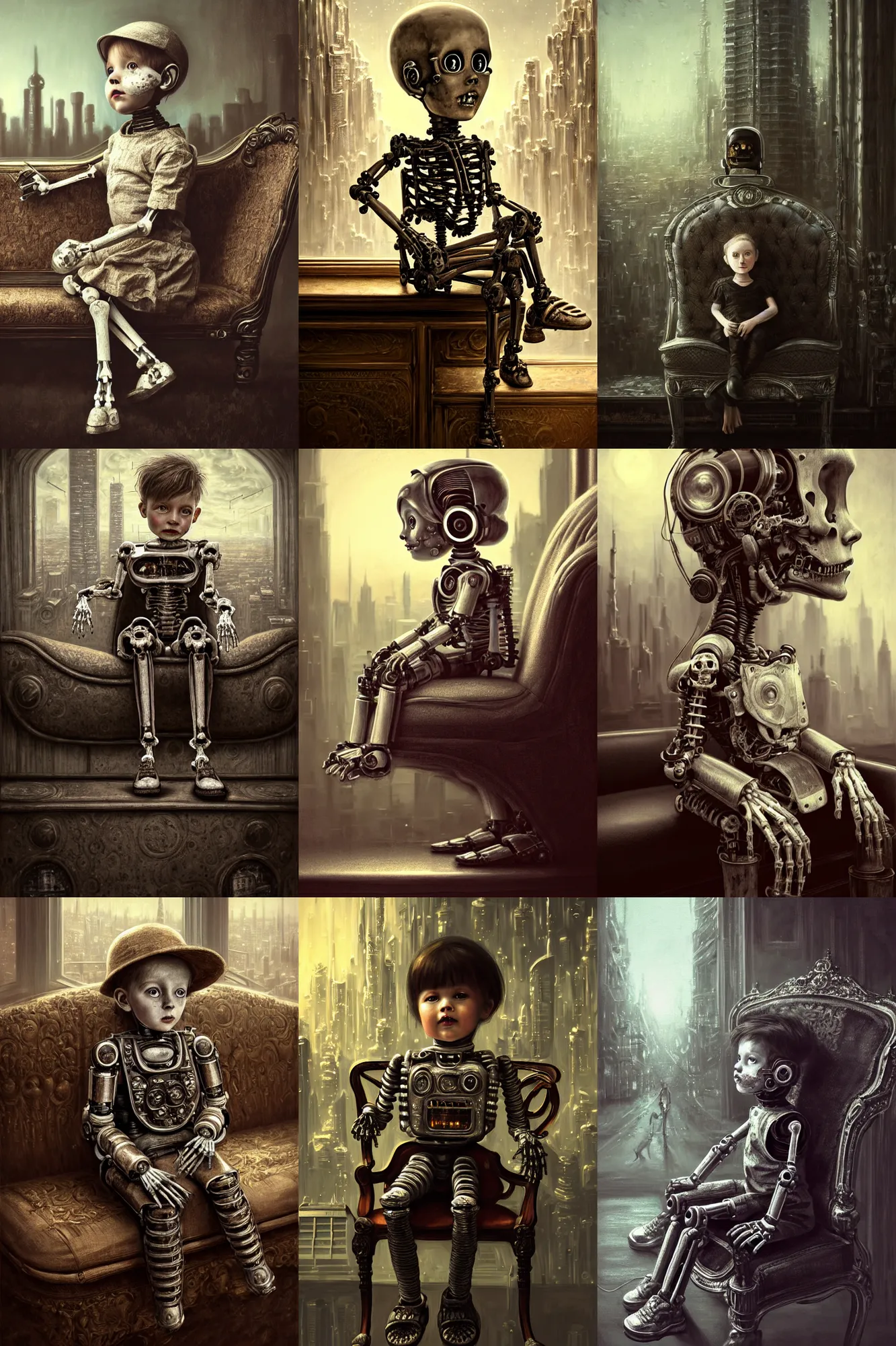 Prompt: photorealistic portrait photograph of a victorian robot child sitting on a vintage sofa made of human bones, surreal cityscape background, fantasy, depth of field, highly detailed, intricate, realistic, soft glow, textured, artstation, concept art, sharp focus, illustration, painting by konan lim and durmus bahar