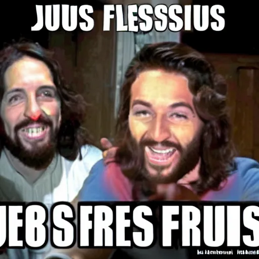 Prompt: Jesus laughs out loud with his friends meme