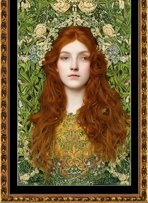 Image similar to masterpiece beautiful seductive flowing curves preraphaelite face portrait photography, ophelia extreme close up shot, straight bangs, thick set features, yellow ochre ornate medieval dress, amongst foliage mushroom forest circle arch, william morris and kilian eng and mucha, framed, 4 k