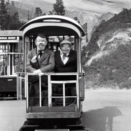 Image similar to jim carry riding a cablecar