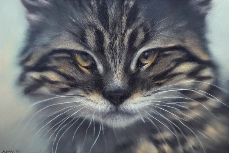 Prompt: A dark, brooding oil painting of a snarling kitten, close-up, high-quality, professional, dramatic lighting, extremely high detail, trending on artstation