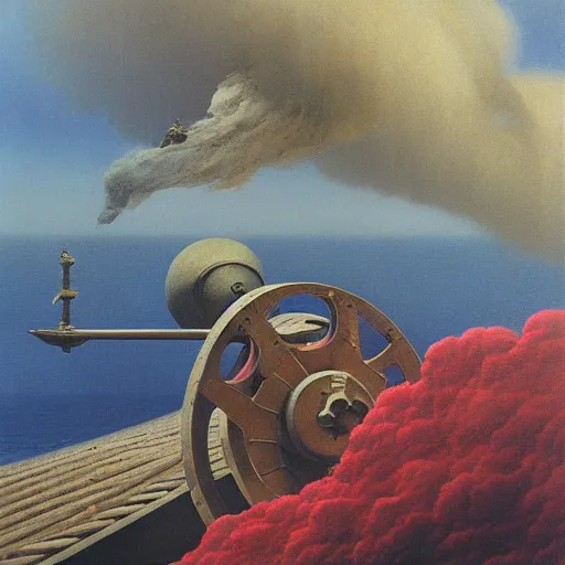 Prompt: naval cannon firing by Zdzisław Beksiński, oil on canvas