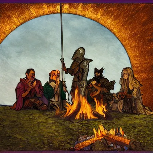 Image similar to a painting of medieval knights toasting marshmallows around the campfire in the style of howard pyle, arthur rackham, alphonse mucha, maxfield parrish. volumetric lighting. 8 k resolution. best detail. trending on artstation trending on deviantart