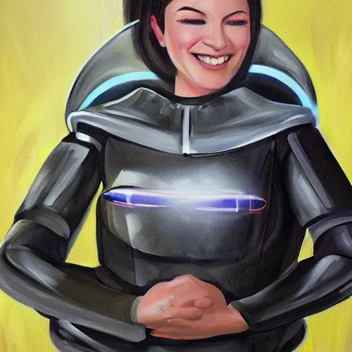 Prompt: A woman is happy because she is wearing a sci-fi suit designed for extreme comfort. Painting.