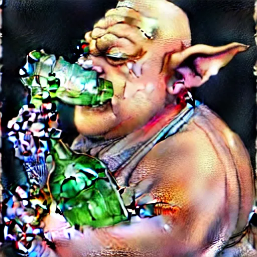 Image similar to a realistic and atmospheric watercolour fantasy character concept art portrait of a fat sleazy homeless yoda wearing a wife beater drinking out of a broken bottle, by rebecca guay, michael kaluta, charles vess and jean moebius giraud