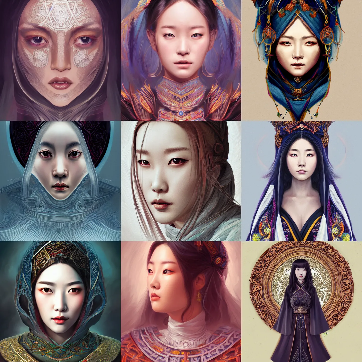 Prompt: head-on symmetrical centered painted portrait, korean woman as a D&D wizard, medieval robes, fantasy, intricate, elegant, highly detailed, digital painting, smooth, sharp focus, illustration, artstation, in the style of Artgerm and Anna Podedworna and Alex Ross