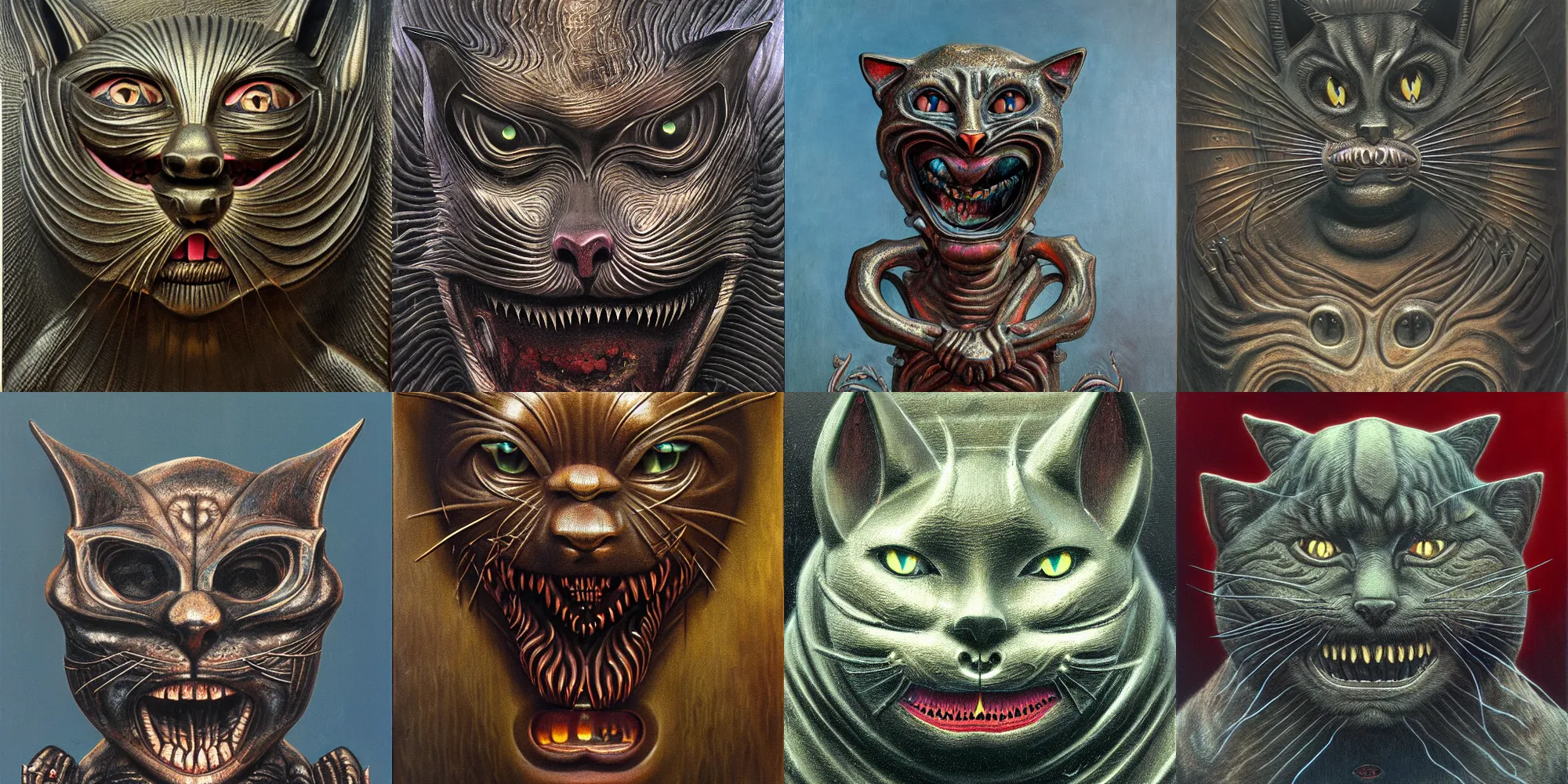 Prompt: metal carving of a grinning evil cat, award winning, in style of beksinski, giger, film grain, medium format, 8k resolution, oil on canvas