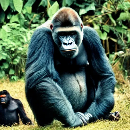 Prompt: david attenborough pretending to be a gorilla while sitting with gorillas, still from nature documentary