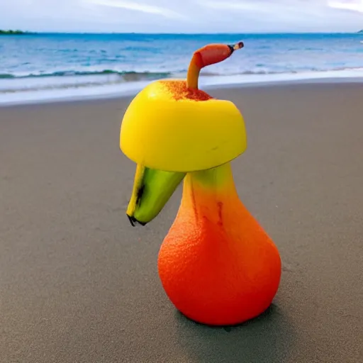 Prompt: red orange kissing green banana on a beach in new mixico