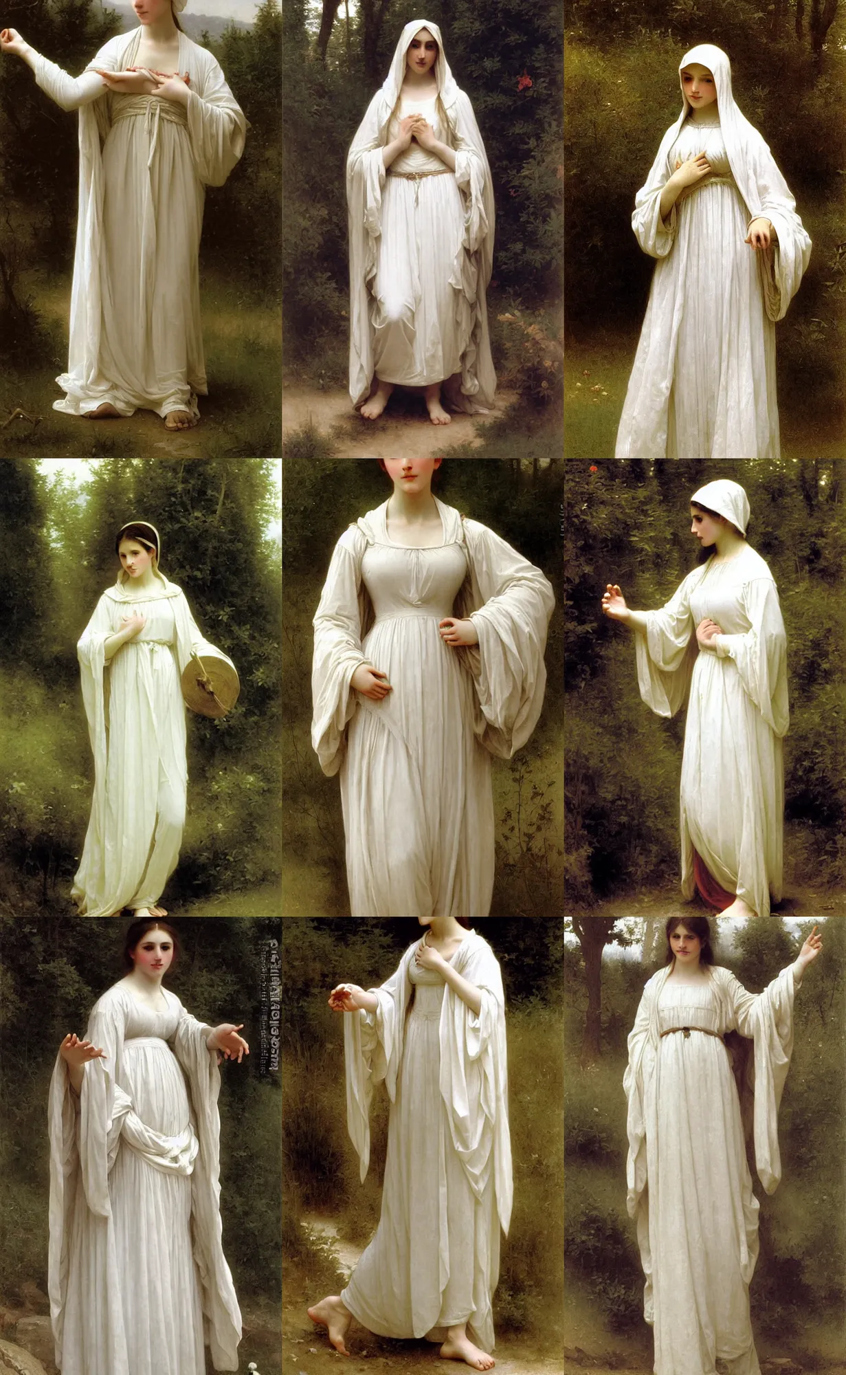 Prompt: white girl slender elegant athletic wearing white cloak, bouguereau