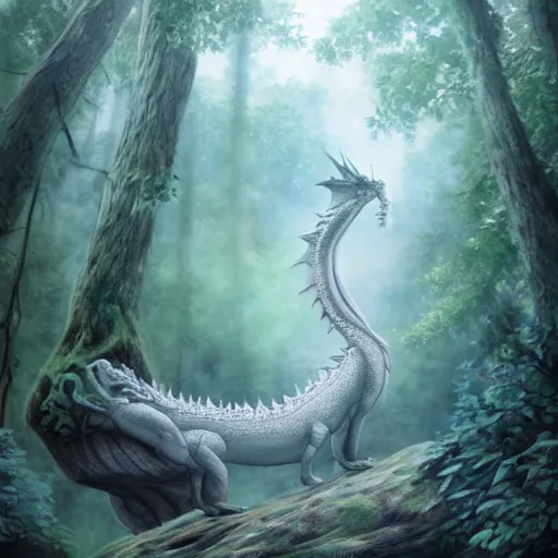 Prompt: peaceful dragon in a beautiful, misty forest, leaning over a steep hill, elongating its neck to sip water from the flowing, turbulent river, trending on artstation, intricately defined, complexly detailed, robustly ordinated, 4 k quality, digital art