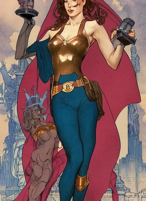 Image similar to slim young april with a mischievous face and long chesnut wavy hair dressed as a superhero in her early twenties, posing with her arms tucked behind her back, lady liberty, tight fit, curvaceous, intricate detailed face, shiny, art by joshua middleton and greg rutkowski and alphonse mucha