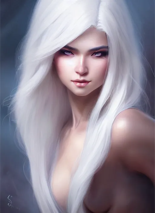 Image similar to a gorgeous female with longwhite hair in the style of stefan kostic, realistic, full body shot, wide angle, sharp focus, 8 k high definition, insanely detailed, intricate, elegant, art by stanley lau and artgerm, floating embers