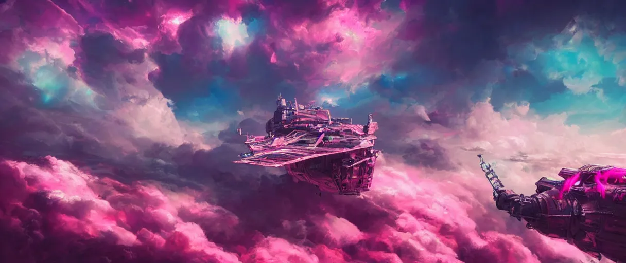 Prompt: heaven pink, portrait punk, pink mohawk, space, hyperdetailed illustration, stars, neon, oil painting, rich deep colors masterpiece, ultra detailed, contrast, clouds, volumetric light, atmospheric lighting, pirate neon ship, dramatic, cinematic, moody, trending on artstation, octane render 4 k, 8 k