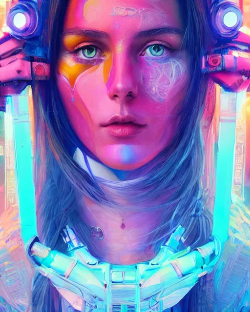 Image similar to colorful portrait of a brunette hippie, but set in the future 2 1 5 0 | highly detailed | very intricate | symmetrical | professional model | cinematic lighting | award - winning | painted by mandy jurgens | pan futurism, dystopian, bold psychedelic colors, cyberpunk, anime aesthestic | featured on artstation