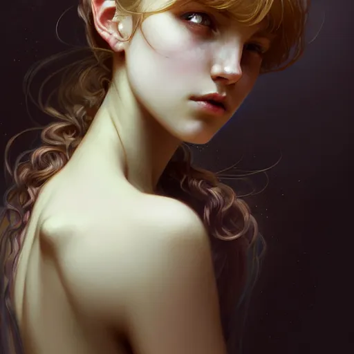 Image similar to portrait of a scottish teenage girl with dark blonde hair, glowing skin, delicate features, nerdy, fantasy, intricate, elegant, dress shirt, highly detailed, digital painting, artstation, concept art, smooth, sharp focus, illustration, art by Krenz Cushart and Artem Demura and alphonse mucha